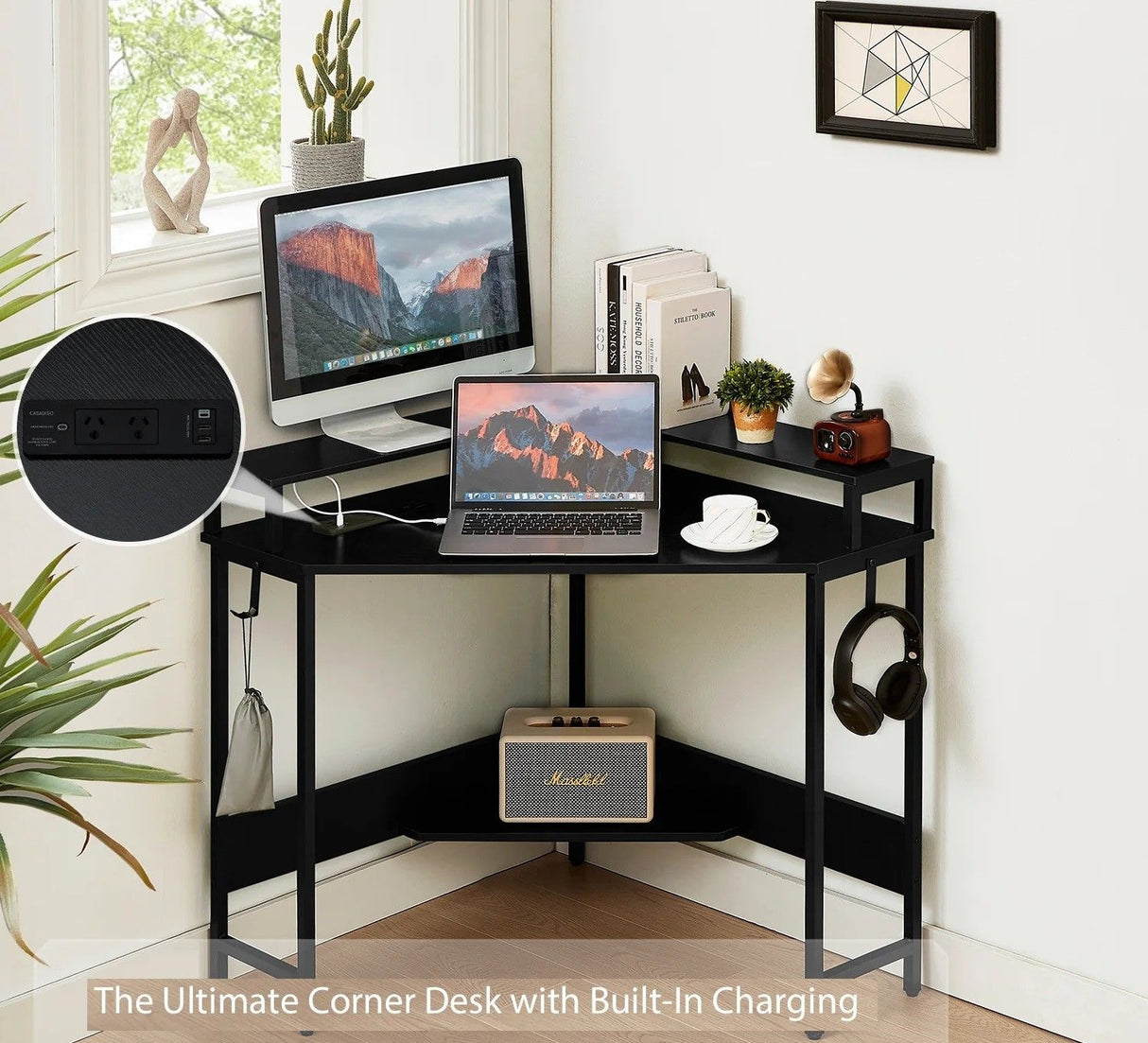L-Shaped Desk with Built-In Charging Station Black