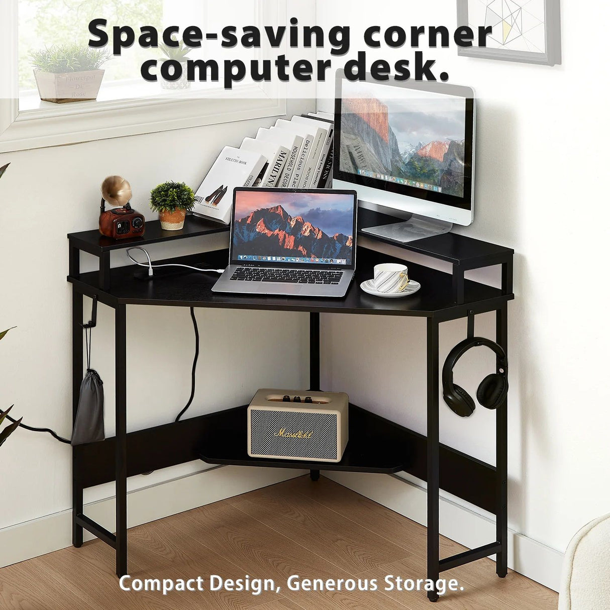 L-Shaped Desk with Built-In Charging Station Black
