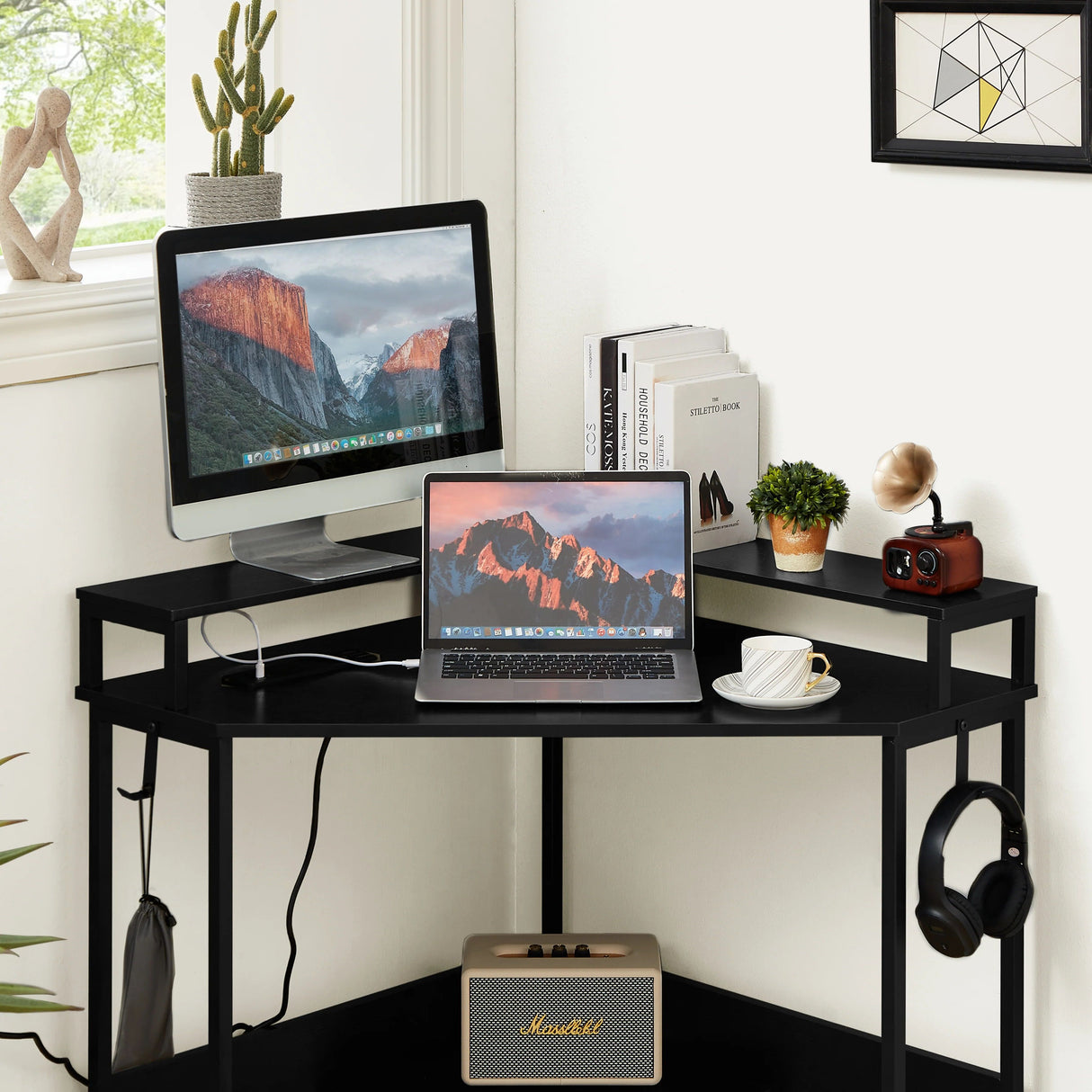 L-Shaped Desk with Built-In Charging Station Black