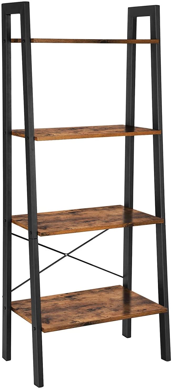 Industrial Rustic 4-Tier Metal Frame Bookshelf in Brown and Black