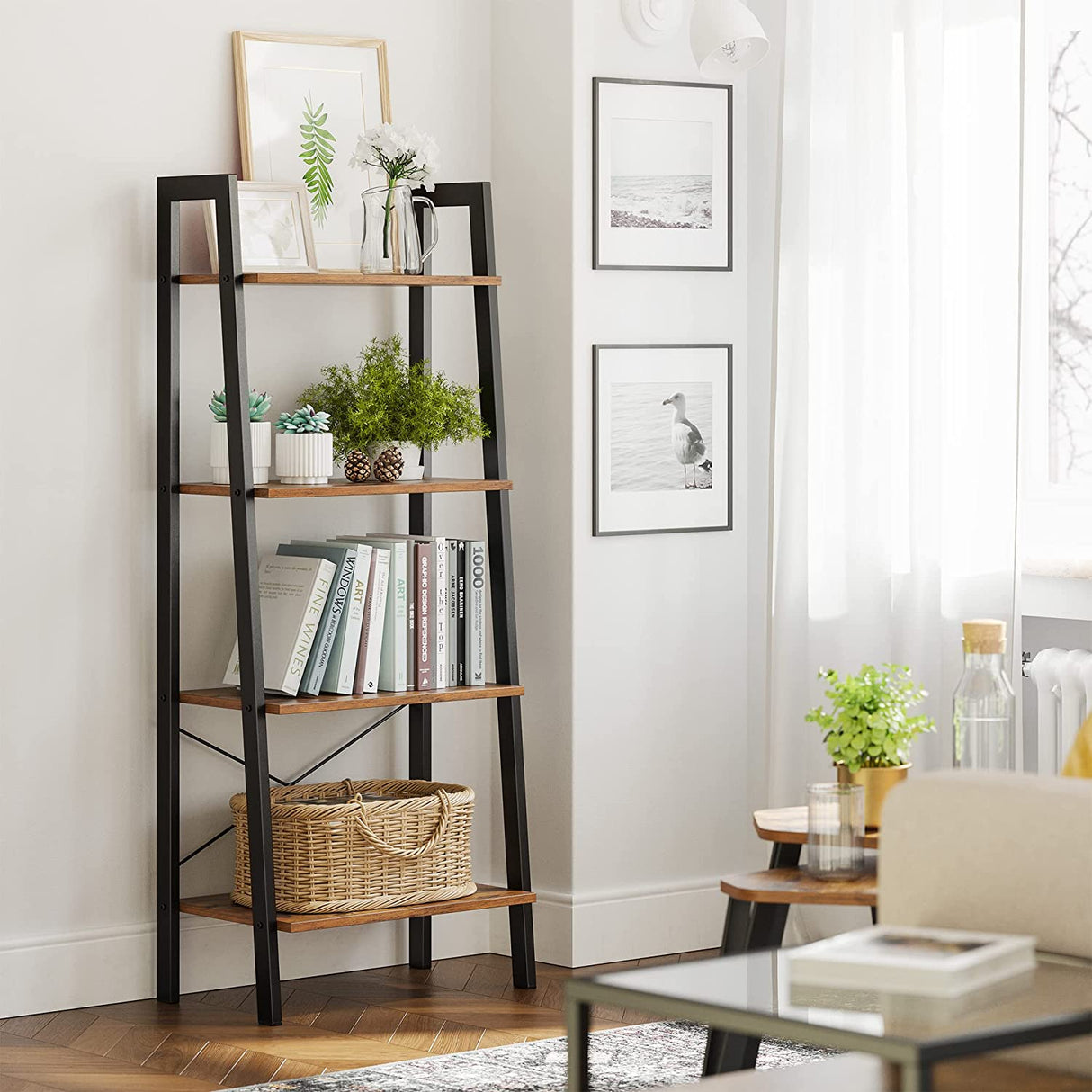 Industrial Rustic 4-Tier Metal Frame Bookshelf in Brown and Black