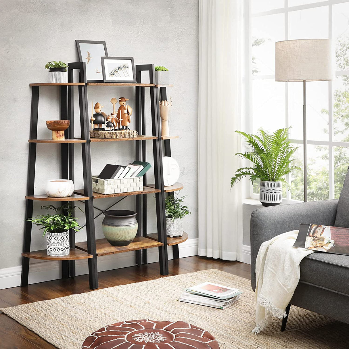 Industrial Rustic 4-Tier Metal Frame Bookshelf in Brown and Black