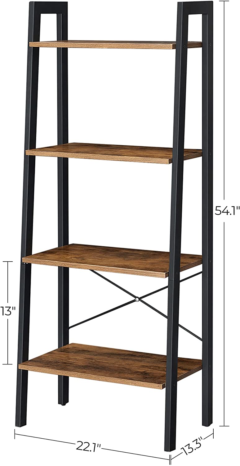Industrial Rustic 4-Tier Metal Frame Bookshelf in Brown and Black