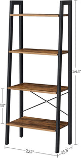 Industrial Rustic 4-Tier Metal Frame Bookshelf in Brown and Black - 45-Degree Angle