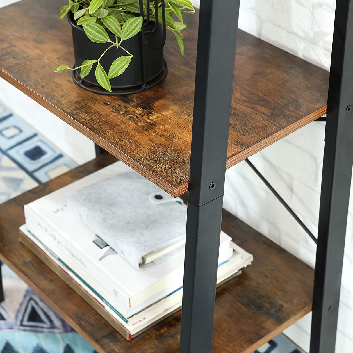 Industrial Rustic 4-Tier Metal Frame Bookshelf in Brown and Black