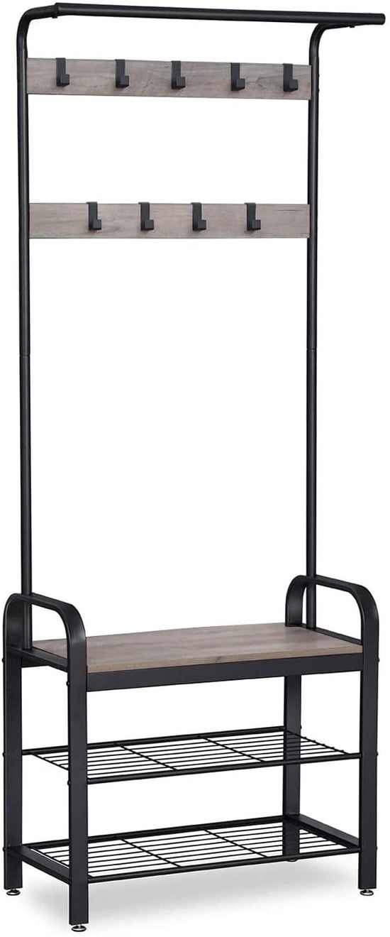 Stylish Greige and Black Steel Coat Rack with Bench and Shoe Storage, Height 183 cm