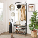 Stylish Greige and Black Steel Coat Rack with Bench and Shoe Storage, Height 183 cm - Front View