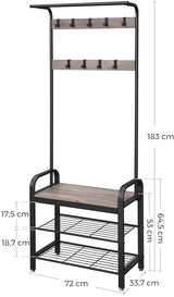 Stylish Greige and Black Steel Coat Rack with Bench and Shoe Storage, Height 183 cm - 45-Degree Angle