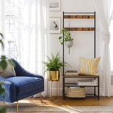 Rustic Brown Coat Rack Stand with Hallway Shoe Rack and Bench with Shelves Matte Metal Frame Height 175 cm - 45-Degree Angle