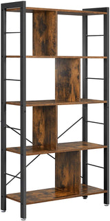 4-Tier Industrial Bookshelf Stable Iron Frame, Rustic Brown - Front View