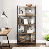 4-Tier Industrial Bookshelf Stable Iron Frame, Rustic Brown - Side View