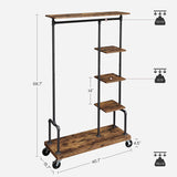 Clothing Garment Rack on Wheels with 5-Tier, Industrial Pipe Style, Rustic Brown - Side View