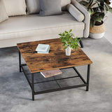 Robust Coffee Table Steel Frame and Mesh Storage Shelf,  Rustic Brown and Black - Front View
