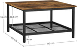 Robust Coffee Table Steel Frame and Mesh Storage Shelf,  Rustic Brown and Black - 45-Degree Angle