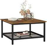 Robust Coffee Table Steel Frame and Mesh Storage Shelf,  Rustic Brown and Black - Rear View