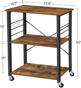 Rustic Brown 3-Tier Kitchen Baker's Rack Serving Cart with Metal Frame and 6 Hooks - Front View
