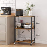 Rustic Brown 3-Tier Kitchen Baker's Rack Serving Cart with Metal Frame and 6 Hooks - Rear View
