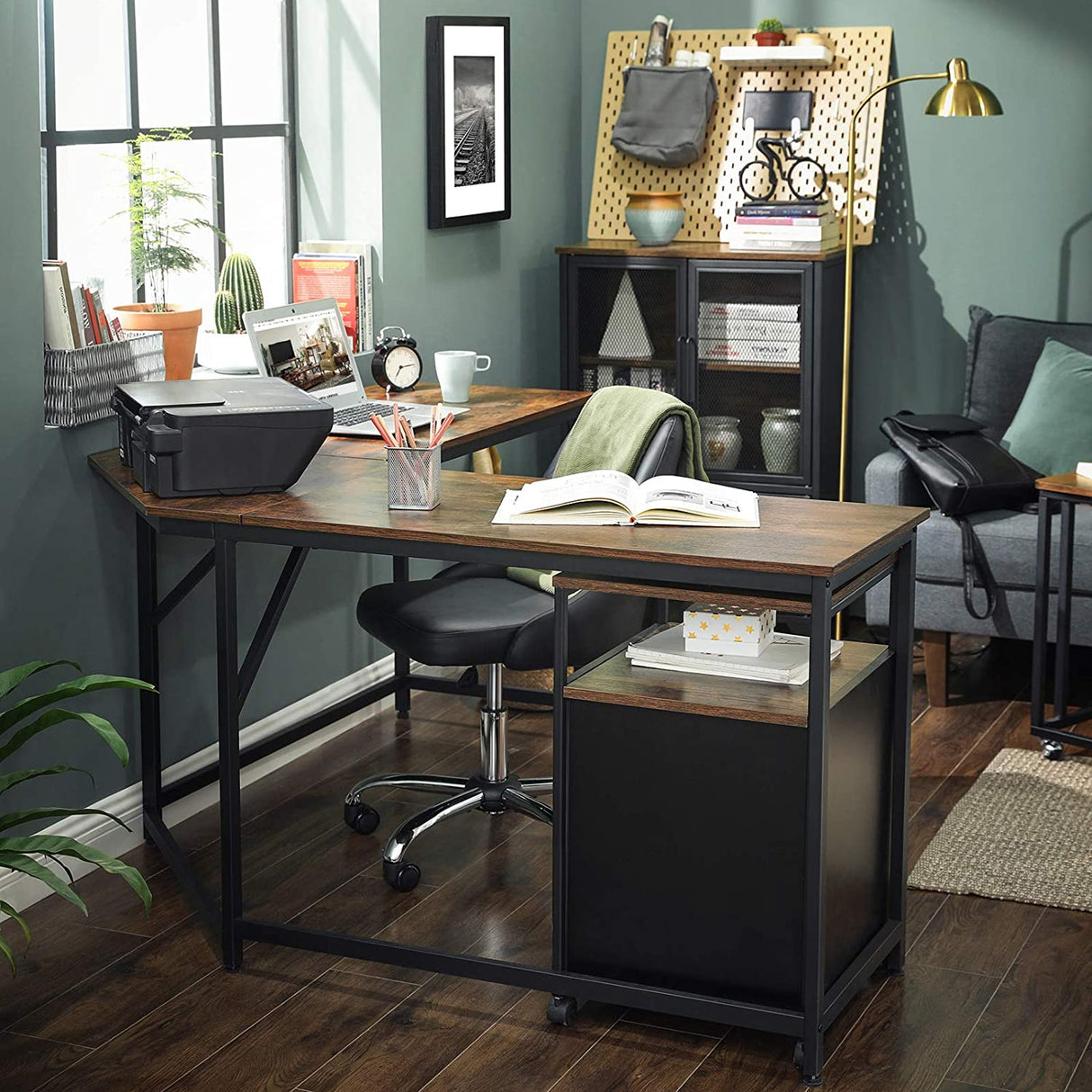 L-Shaped Computer Desk Rustic Brown and Black