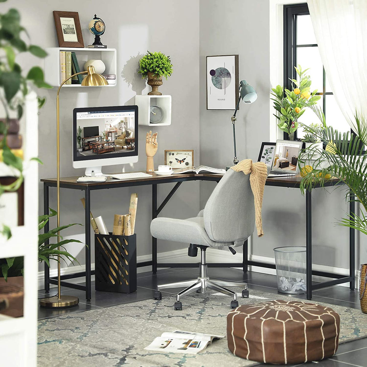 L-Shaped Computer Desk Rustic Brown and Black
