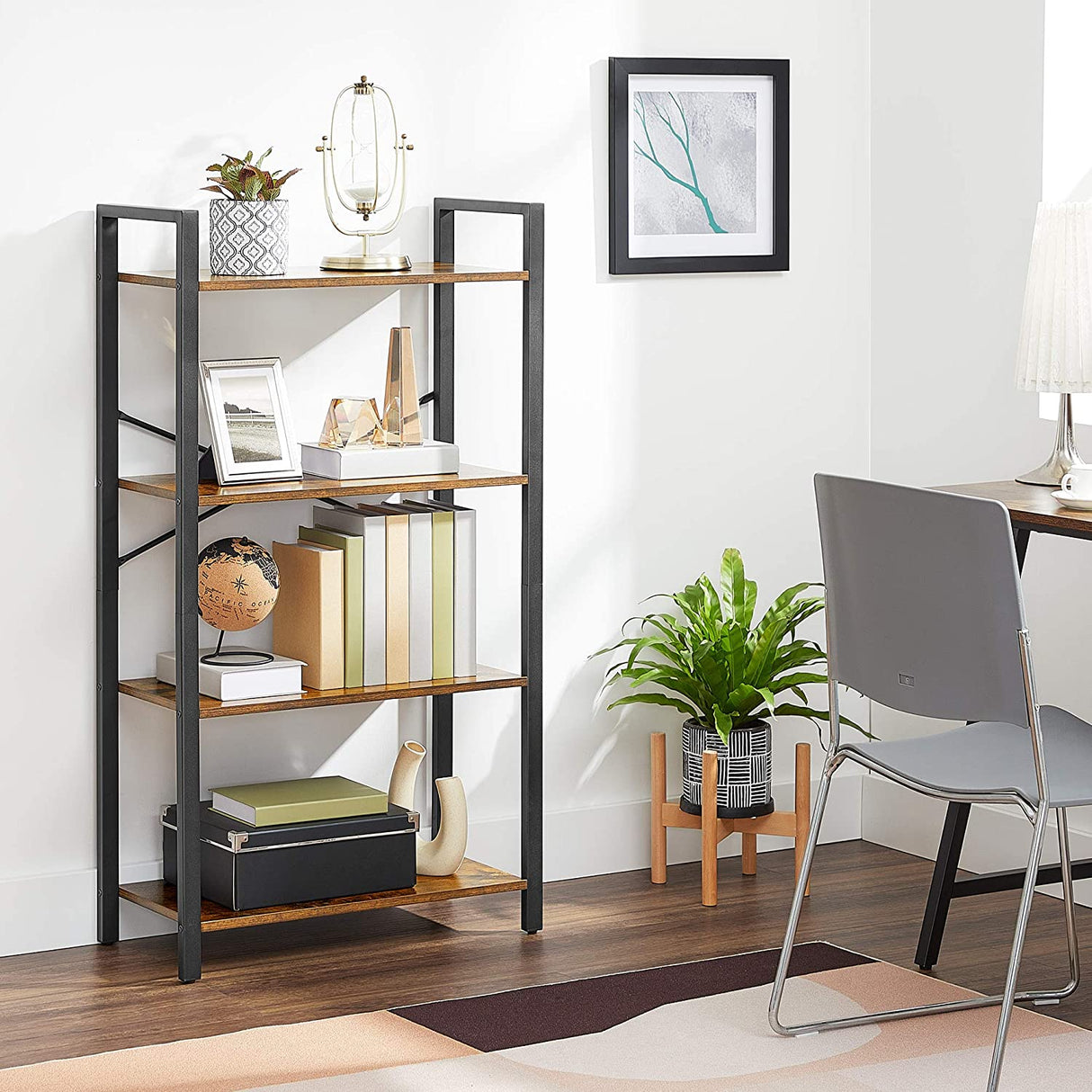 Rustic Brown and Black 4-Tier Steel Frame Storage Shelf - 120 cm High