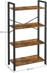 Rustic Brown and Black 4-Tier Steel Frame Storage Shelf - 120 cm High - 45-Degree Angle