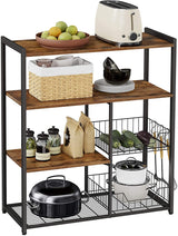 Industrial Rustic Kitchen Baker's Rack with Metal Baskets, Shelves, and Hooks - 80 x 35 x 95 cm - Close-Up Angle