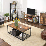 TV Console Unit with Open Storage Rustic Brown and Black Industrial - Low Angle