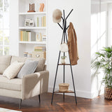 Black Coat Rack Stand Industrial Style 2 Shelves Clothes - Side View
