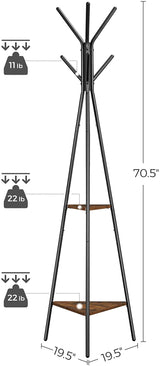 Black Coat Rack Stand Industrial Style 2 Shelves Clothes - Close-Up Angle