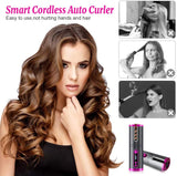 Portable Wireless Automatic Hair Curler for Travel with LED Temperature Display, Timer and USB Rechargeable (Pink) - Front View
