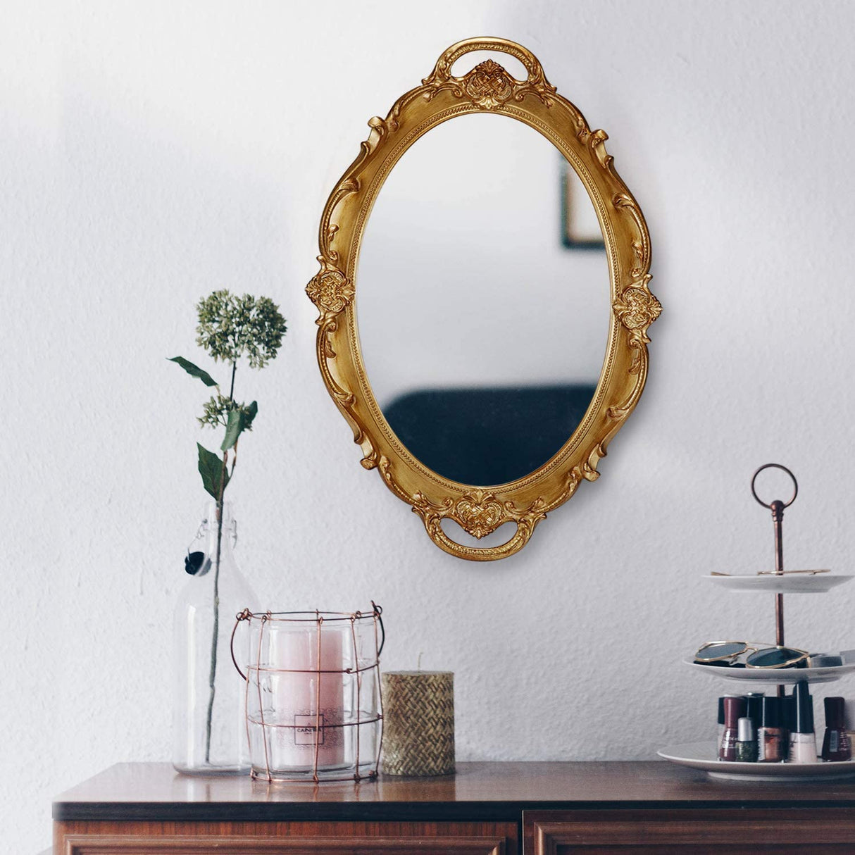 Antique Gold Oval Vintage Carved Wall Mirror - 25 x 38 cm Decorative Accent for Living Room and Bedroom