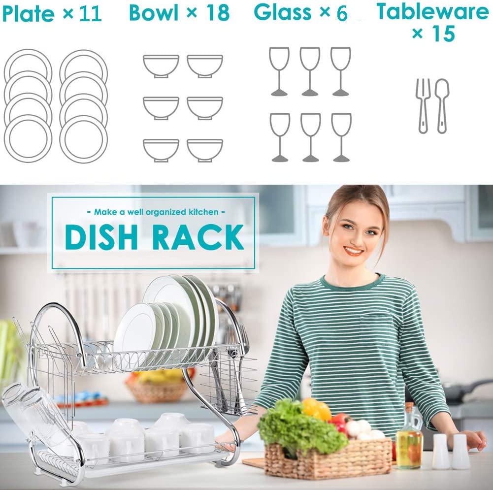 CARLA HOME Chrome 2-Tier Dish Rack with Integrated Drain Board - Stylish Silver Kitchen Drying Solution, 42 x 25.5 x 38 cm