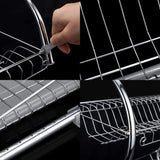 CARLA HOME Chrome 2-Tier Dish Rack with Integrated Drain Board - Stylish Silver Kitchen Drying Solution, 42 x 25.5 x 38 cm - Low Angle
