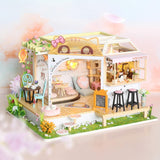 Miniature Dollhouse with Furniture, Music Movement, and Dust Cover - Cat Café Theme (Perfect Valentine's Day Gift) - Close-Up Angle