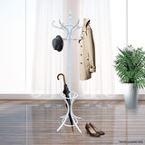 CARLA HOME Elegant White Wooden Coat Rack with 12 Hooks and Umbrella Stand - Front View