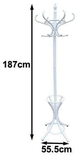 CARLA HOME Elegant White Wooden Coat Rack with 12 Hooks and Umbrella Stand - 45-Degree Angle