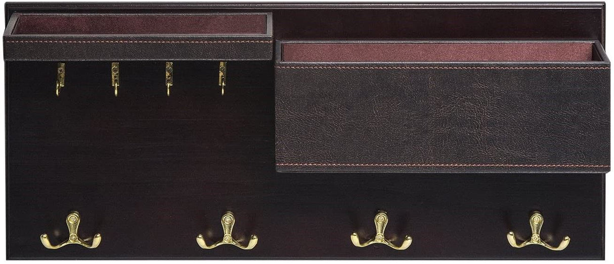 Elegant Brown Wooden Coat Rack with Dual Leather Trays