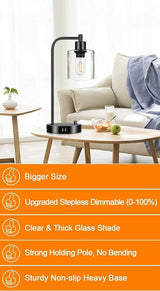 2x Pack Industrial Table Lamp with 2 USB Port for Bedside Nightstand Desk and Living Room Office (Bulb not Included) - Low Angle