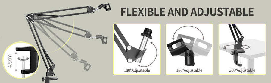Microphone Radio Broadcasting Stand with 3/8"to 5/8" Screw Adapter and Windscreen Pop Filter