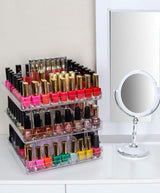 3 Tier 360 Rotating Display Rack Organizer Stand for Clear Nail Polish and Makeup Cosmetics with Acrylic Guard - Close-Up Angle
