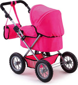 Foldable Dolls Pram with Height-Adjustable Handle and Shoulder Bag, Stable, Pink - Front View