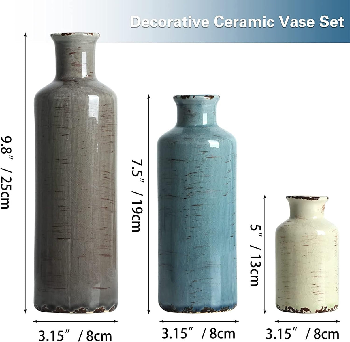 Ceramic Vases Set of 3 Crackled Finish Blue Farmhouse for Home D?cor