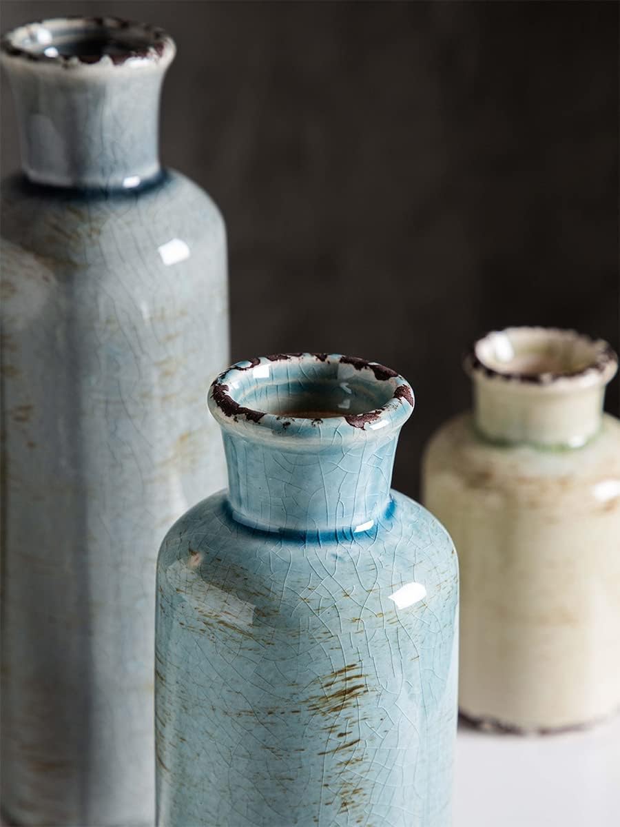 Ceramic Vases Set of 3 Crackled Finish Blue Farmhouse for Home D?cor