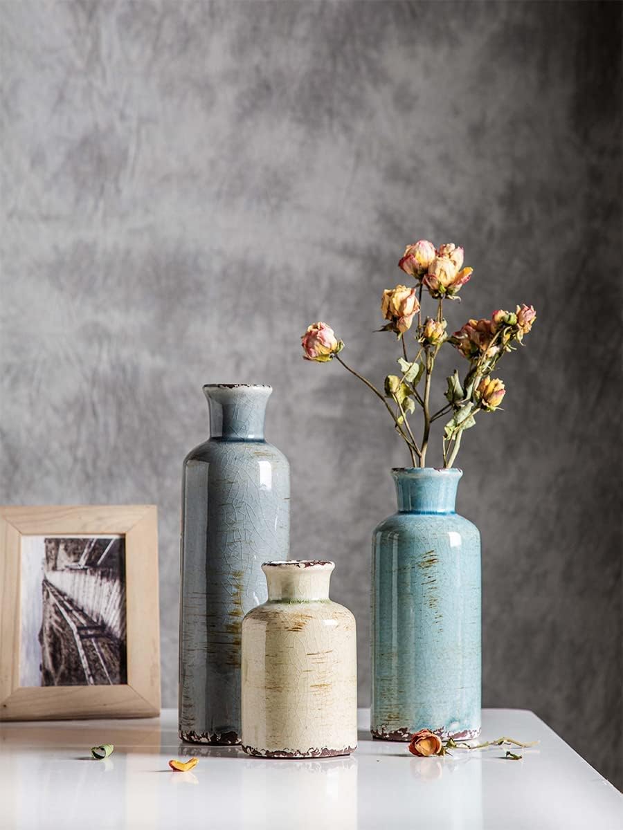 Ceramic Vases Set of 3 Crackled Finish Blue Farmhouse for Home D?cor