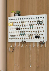 Wall Mount Earring Jewelry Hanger Organizer Holder with 109 Holes and 19 Hooks (White) - Close-Up Angle