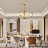 Gold Chandelier, 6 Lights, Wagon Wheel Clear Crystal - Low Angle