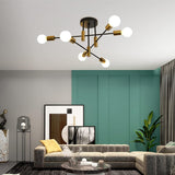 Mid Century Chandelier Modern, 6-Light , Black & Gold - Front View