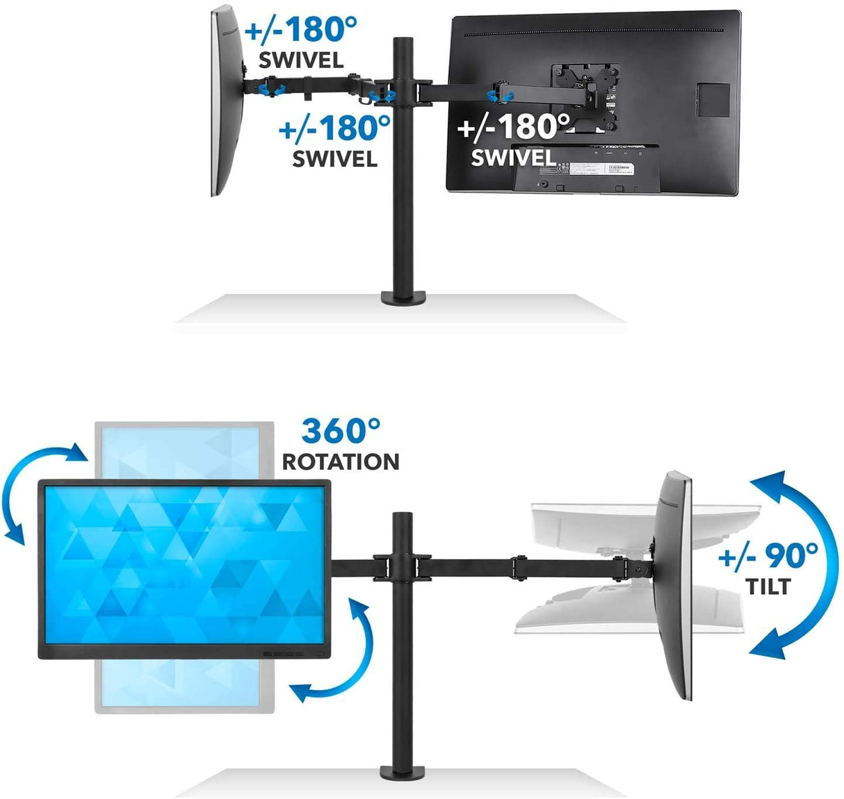 Dual Monitor Desk Mount with 360° Rotation for Screens Up to 27" - Full Motion Adjustable Arm Stand