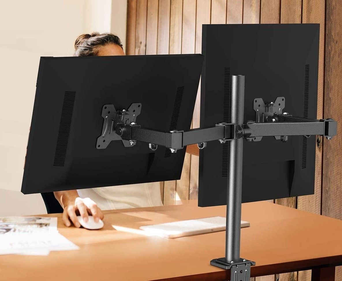 Dual Monitor Desk Mount with 360° Rotation for Screens Up to 27" - Full Motion Adjustable Arm Stand