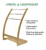 Bamboo Towel Bar Metal Holder Rack 3-Tier Freestanding and Bottom shelf for Bathroom - Close-Up Angle